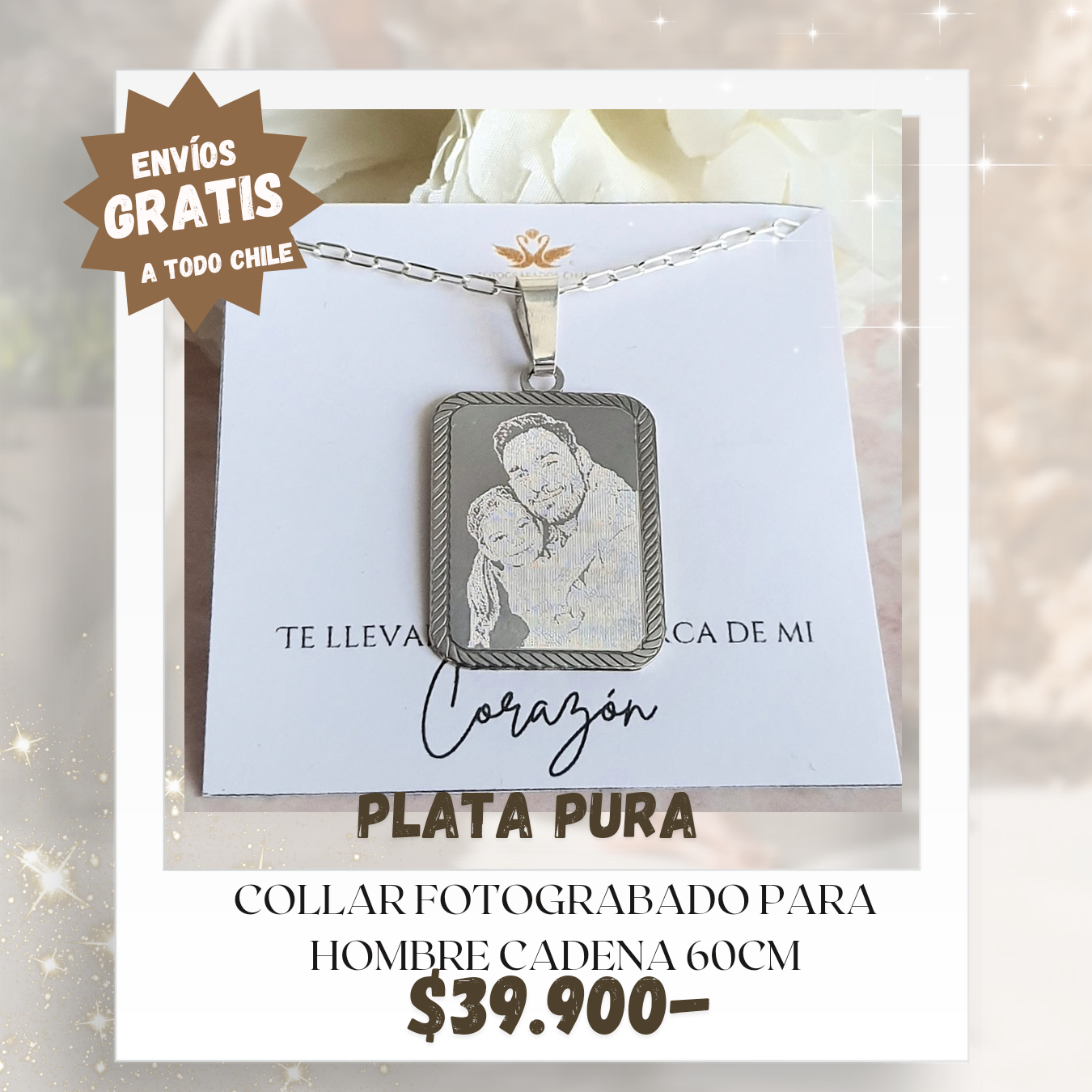 Oferta fotograbado rectangular borde trenzado con cadena 60cm