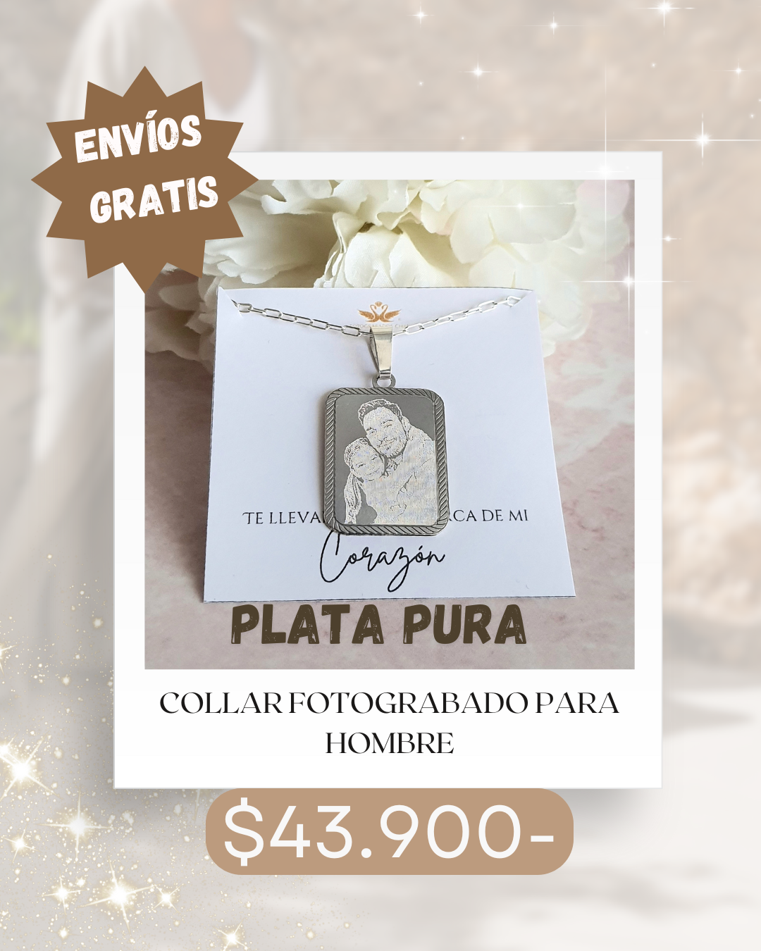 Fotograbado rectangular borde trenzado con cadena 60cm