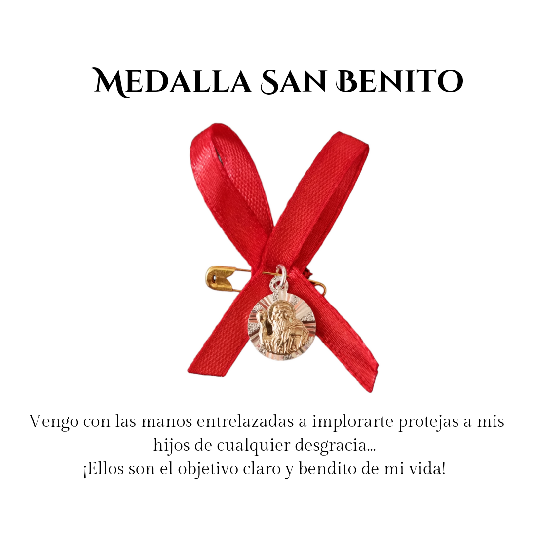 San Benito con cinta roja plata con oro 14k