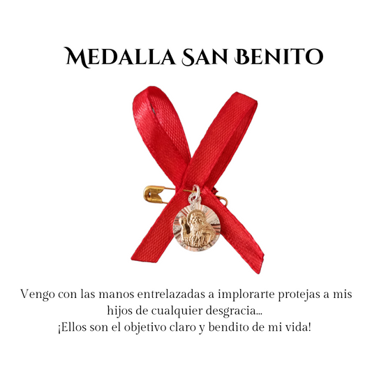 San Benito con cinta roja plata con oro 14k